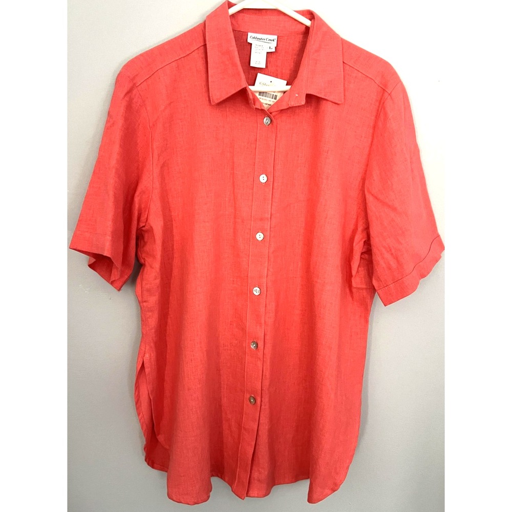 Coldwater Creek Shirt Women Large Coral Linen Blend Short Sleeve Made in USA NWT